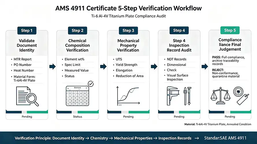 5-step AMS 4911 certificate verification workflow