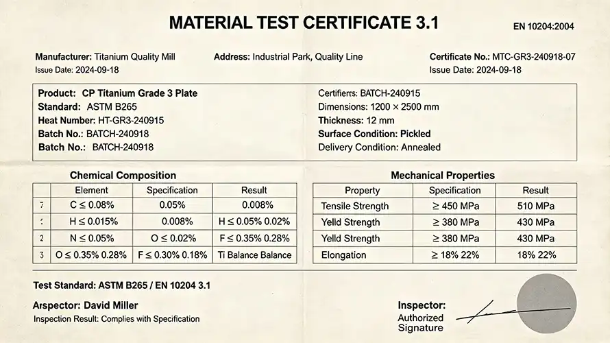 EN 10204 3.1 Mill Test Certificate EN 10204 3.1 Mill Test Certificate