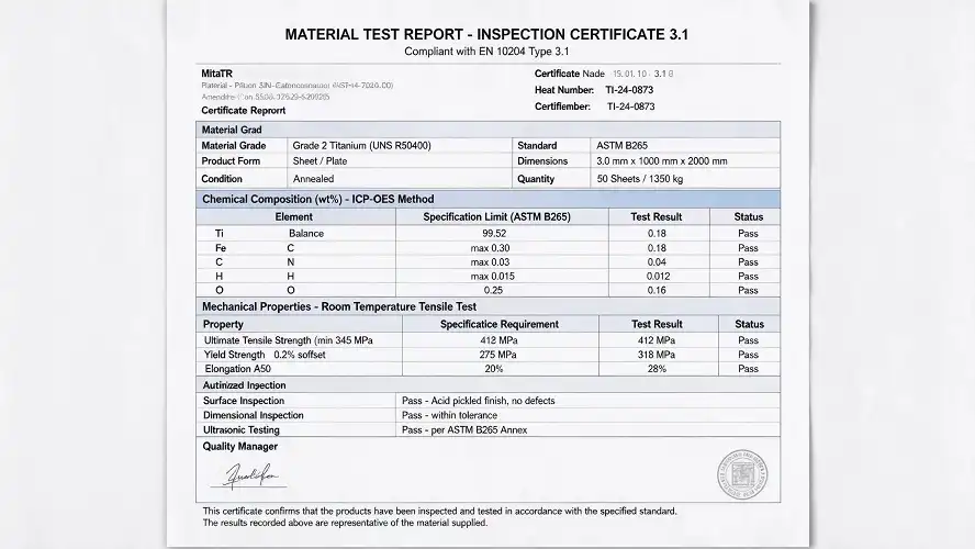 titanium mill test report MTR document, mechanical and chemical inspection data