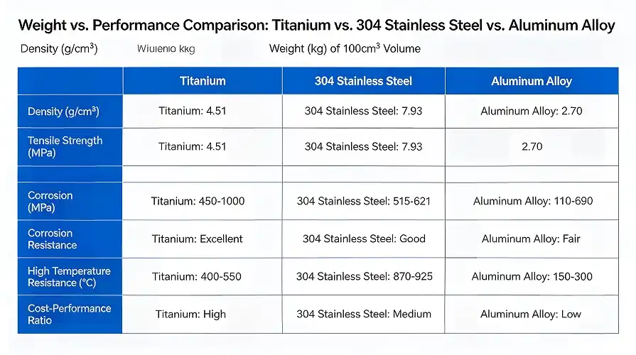 Weight & performance comparison chart of titanium, stainless steel & aluminum