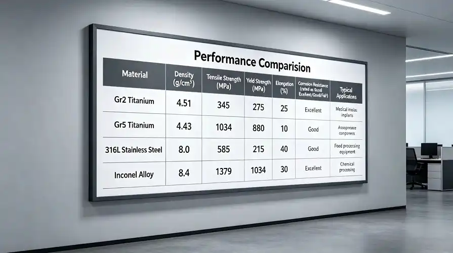 Material Performance Comparison Display (Gr2/Gr5 Ti, 316L, Inconel) Material Performance Comparison Display (Gr2/Gr5 Ti, 316L, Inconel)