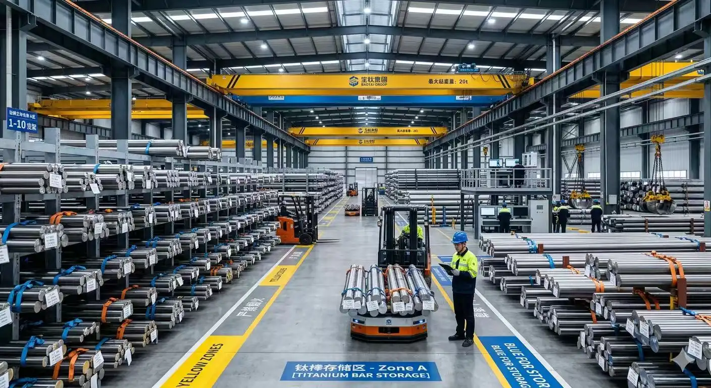 Warehouse Panorama of 3000 Tons Multi-spec CP Titanium Rod Inventory