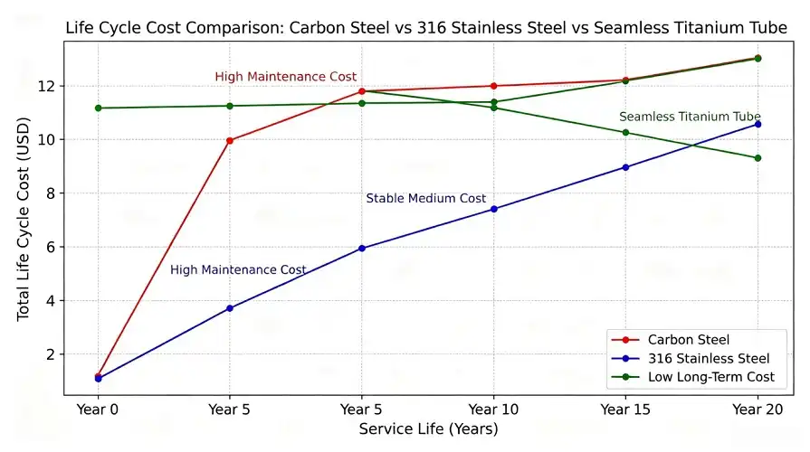 Lifecycle cost comparison chart (carbon steel / stainless steel / titanium pipe)