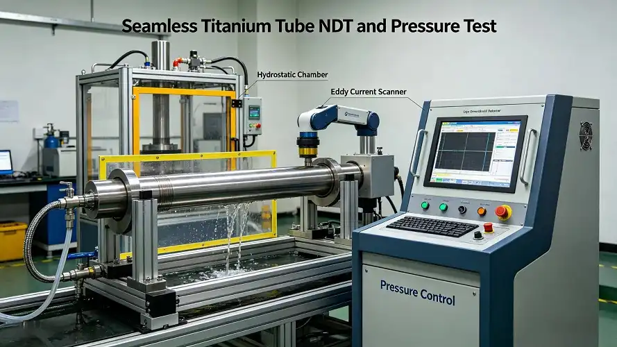 Titanium pipe QC lab: hydrostatic & eddy current testing station