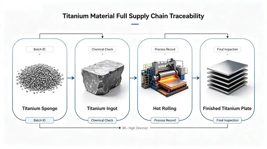 	Titanium full traceability flow chart, titanium sponge‑ingot‑hot rolling‑finished sheet, heat‑number material label