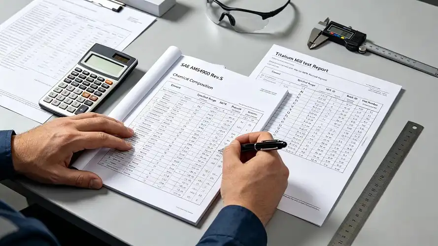 Engineer reviewing AMS4900 specification against Mill Test Report Engineer reviewing AMS4900 specification against Mill Test Report