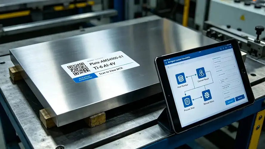 Titanium sheet QR traceability label, digital supply‑chain traceability system interface Titanium sheet QR traceability label, digital supply‑chain traceability system interface