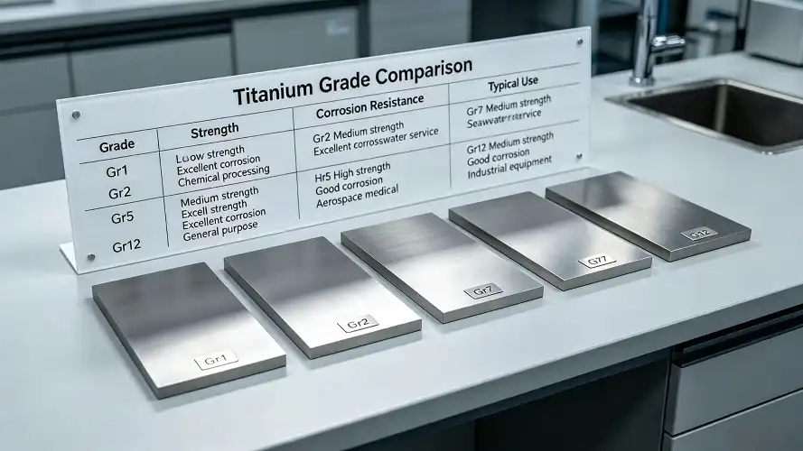 Titanium grade comparison samples Gr1 Gr2 Gr5 Gr7 Gr12 Titanium grade comparison samples Gr1 Gr2 Gr5 Gr7 Gr12