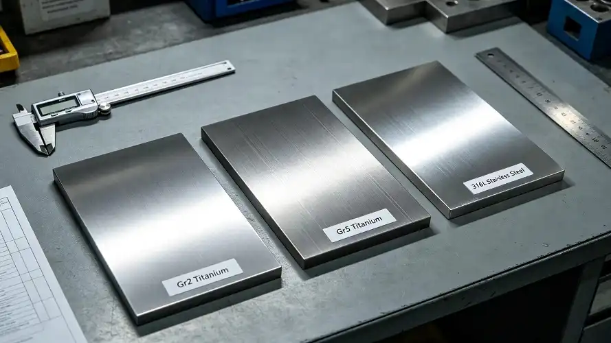 comparison sample plates: Ti‑Gr2, Ti‑Gr5, 316L stainless steel side‑by‑side
