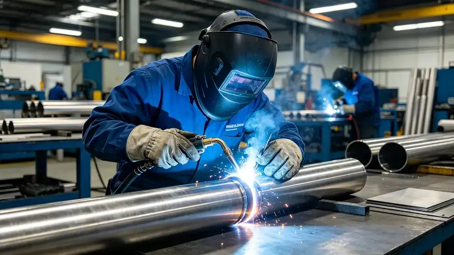 GTAW‑TIG argon shield welding operation for titanium sheet factory workshop