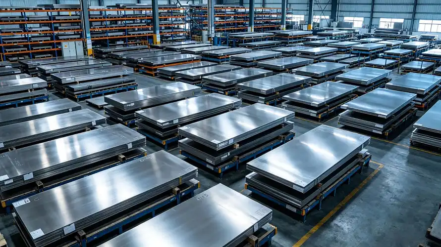 Titanium sheets stacked in warehouse