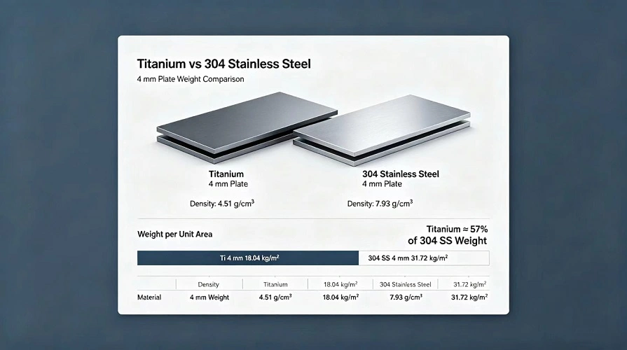 Titanium vs 304 stainless steel weight & density infographic, 4mm plate Titanium vs 304 stainless steel weight & density infographic, 4mm plate