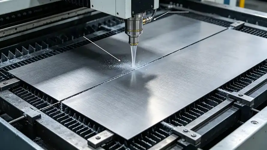 Waterjet cutting workstation for 4mm titanium sheet, factory scene